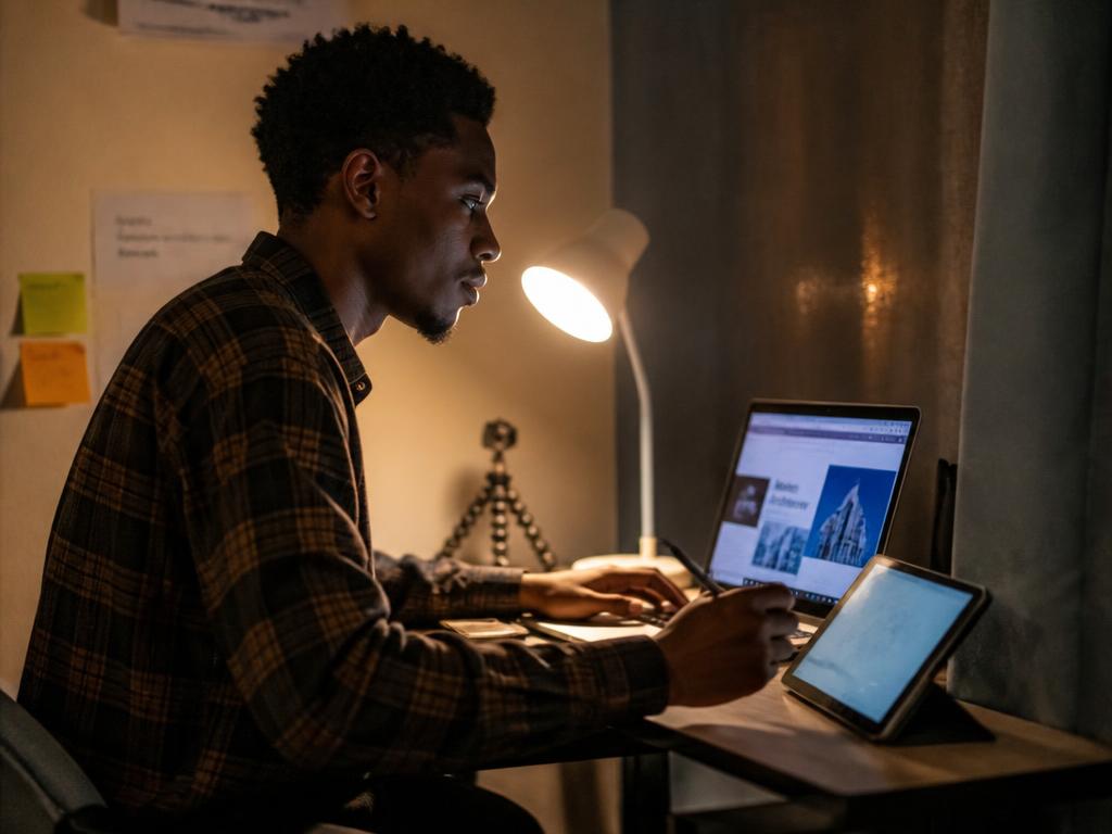 Freelancer working at a home desk with a laptop and tablet