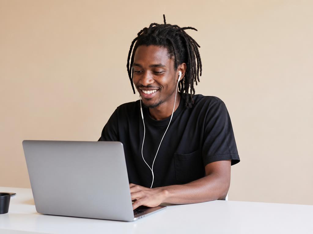 Man smiling while working on a laptop at a bright desk