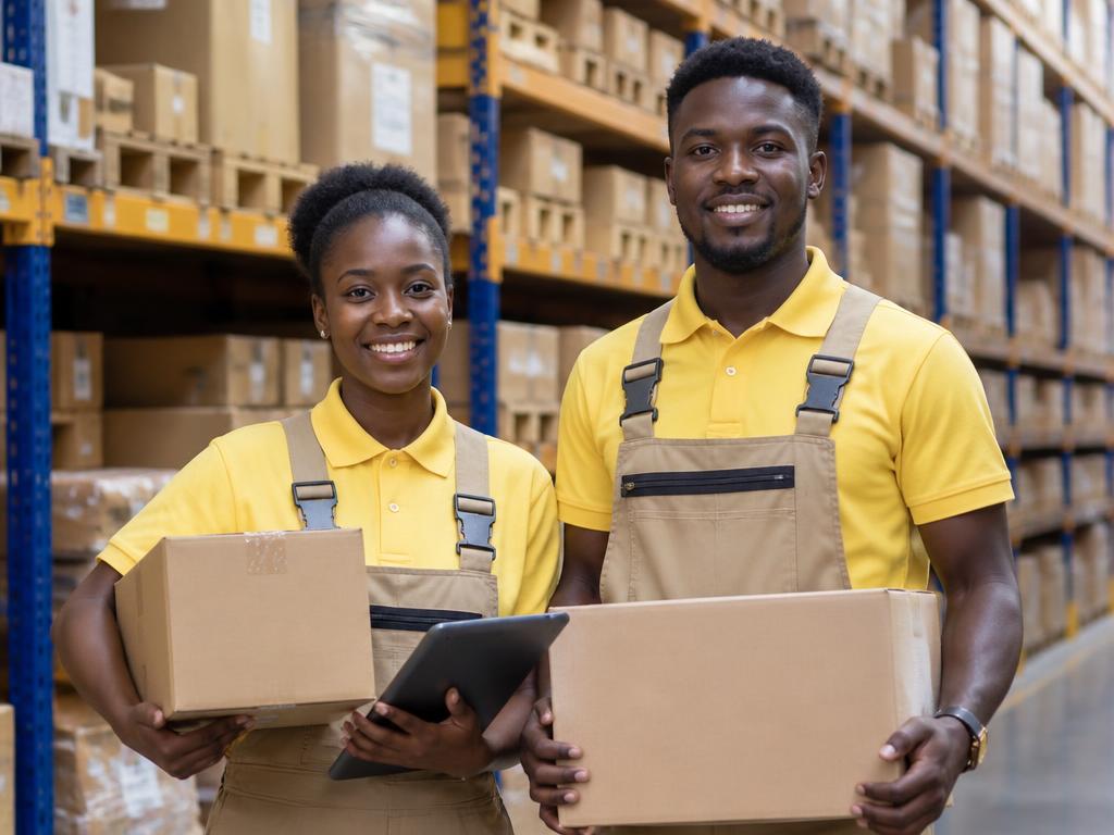 Two warehouse workers holding parcels beside stocked shelves